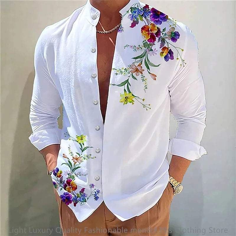 New men's shirt long-sleeved shirt 3D printing flower pattern long-sleeved standing clothing fashion casual XS-6XL soft fabric