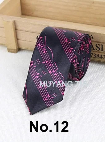 Classic Musical Notes Tie Neck Mens Skinny 5cm Zipper Neckties Red Black Blue White Color Slim Narrow Entertainment Party