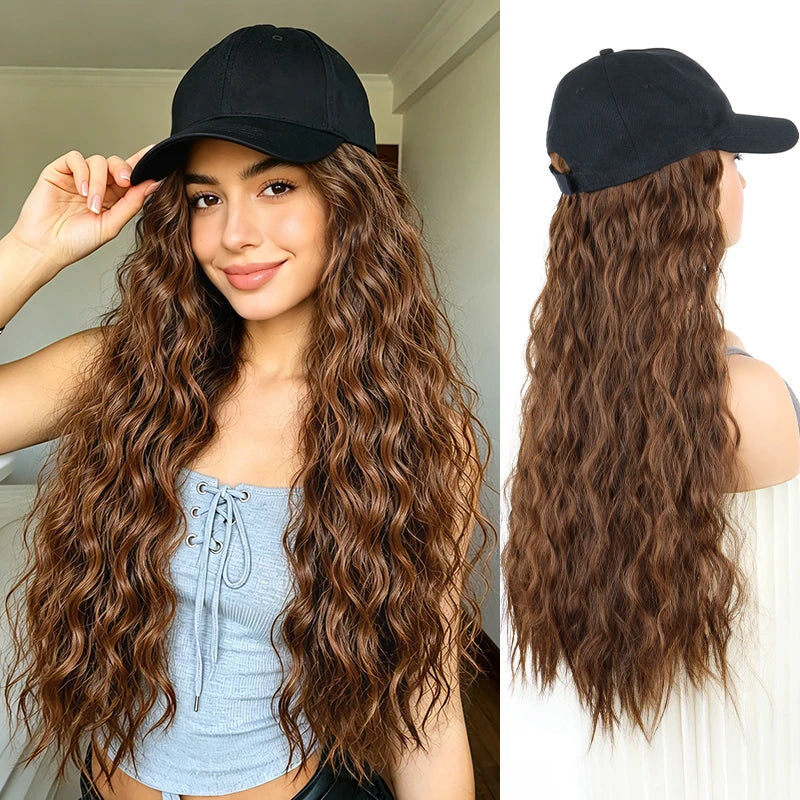 Hat Wig for Women, Integrated Design Baseball Cap Wig, Synthetic Long Curly Wavy Hair Extensions, Adjustable Black Baseball Cap
