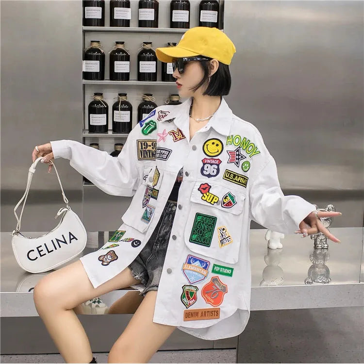 Fashion Embroidery Patches Denim Jacket Coat Women Harajuku Streetwear Hip Hop Trend Loose Jean Jackets Outerwear