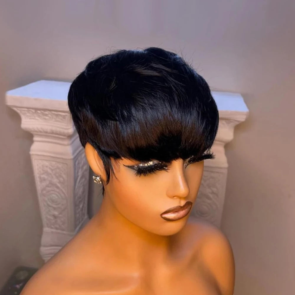 Pixie Cut Straight Human Hair Wig For Women Full Machine Made Human Hair Wig 150% Density 6Inch