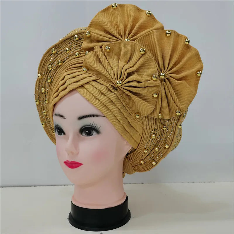 High Quality African Nigeria Gele Elegant Helmet With Stones Headband Turban Head Scarf Head-Hat Auto Gele Brand New Hats 7L1181