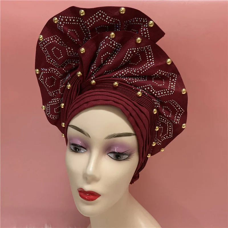 High Quality African Nigeria Gele Elegant Helmet With Stones Headband Turban Head Scarf Head-Hat Auto Gele Brand New Hats 7L5191