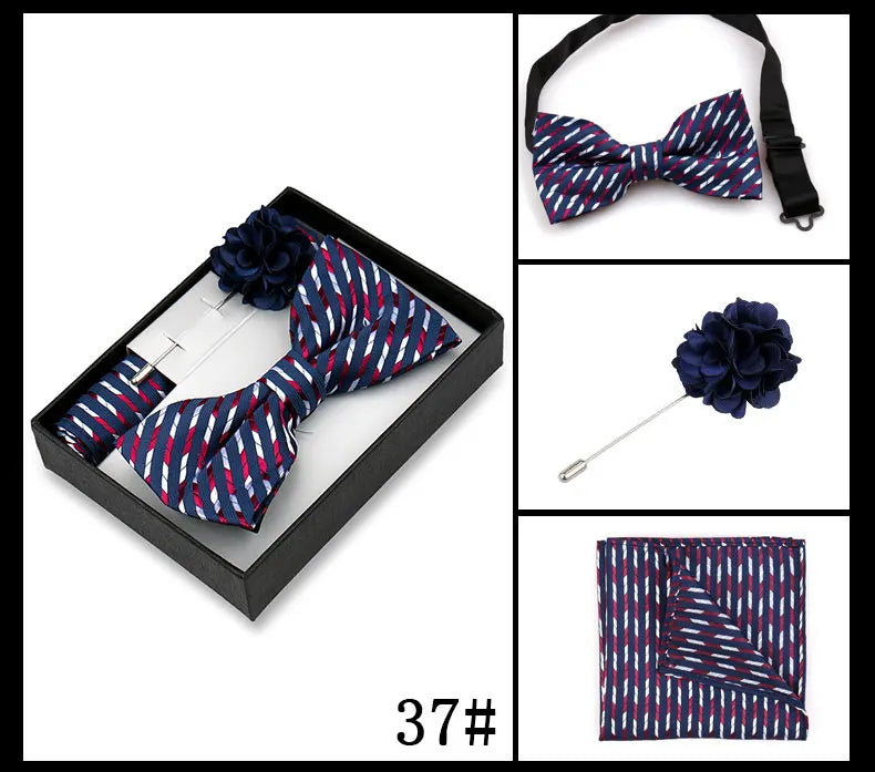 Classic High Quality Bow Tie Set Box Gift For Men Fashion Elegant Bowtie Handchief And Brooch Set Wedding Business Accessories