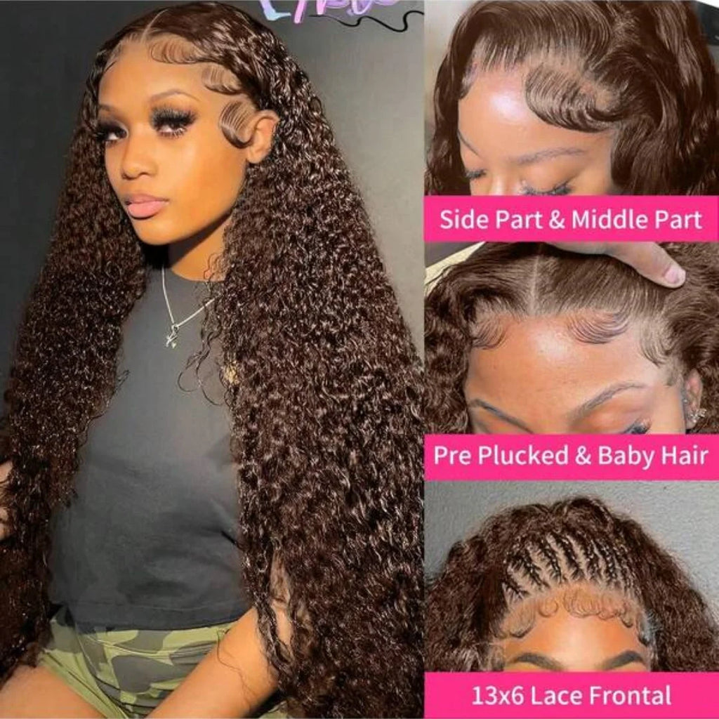 34Inch Chocolate Brown Kinky Curly 13x4 Human Hair Wig Jerry Curly 13x4 Transprent Lace Front Human Hair Wig PrePlucked Lace Wig