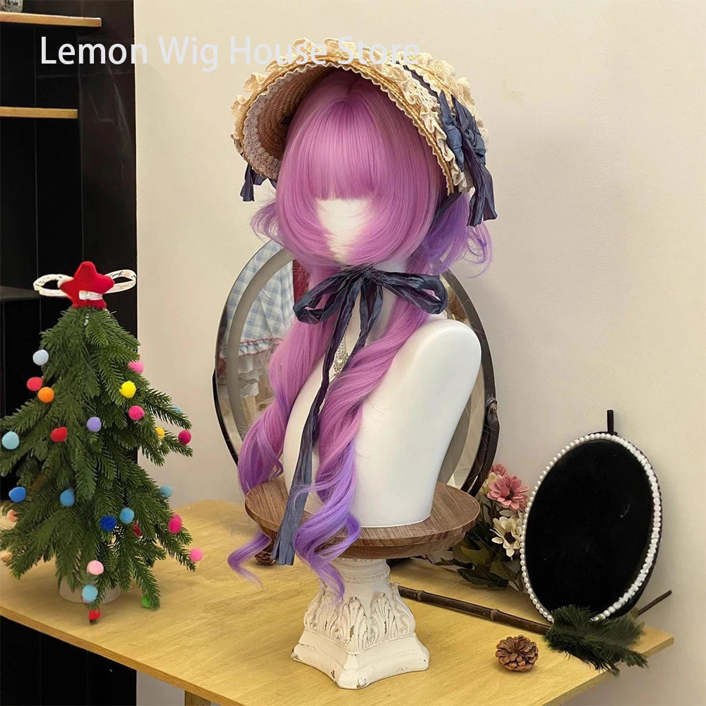 Double Ponytail Long Curly Hair Wig with Bangs Synthetic Hair Cute Lolita Wigs for Women Daily Party Cosplay Wig Heat Resistant
