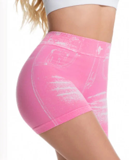 Jeans-like seamless yoga shorts with a V-shaped back, designed to enhance the posterior and provide quick-drying, form-fitting r
