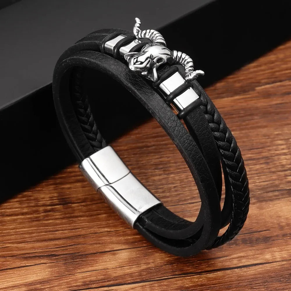 New Vintage Leather Woven Rope Bracelet Titanium Steel Sheep's Head Magnetic Buckle Men's Bracelet Fashion Jewelry Wholesale