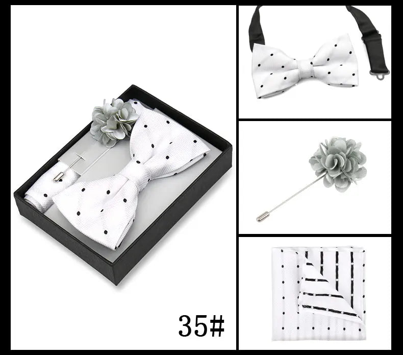 Classic High Quality Bow Tie Set Box Gift For Men Fashion Elegant Bowtie Handchief And Brooch Set Wedding Business Accessories