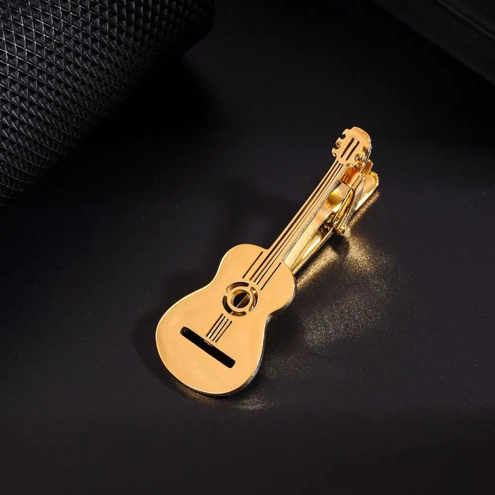 Treble Clef Guitar Tie Clip Titanium Steel Instrument Music Note Tie Pin Hip Hop Punk Piano Necktie Buckle Concert Accessories
