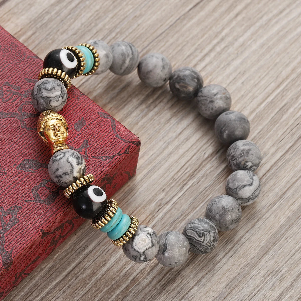 Classic Buddha&Evil Eye Bracelet Women Men 10mm Round Turquoises Blue Stone Bangles Handmade Elastic Yoga Bracelet