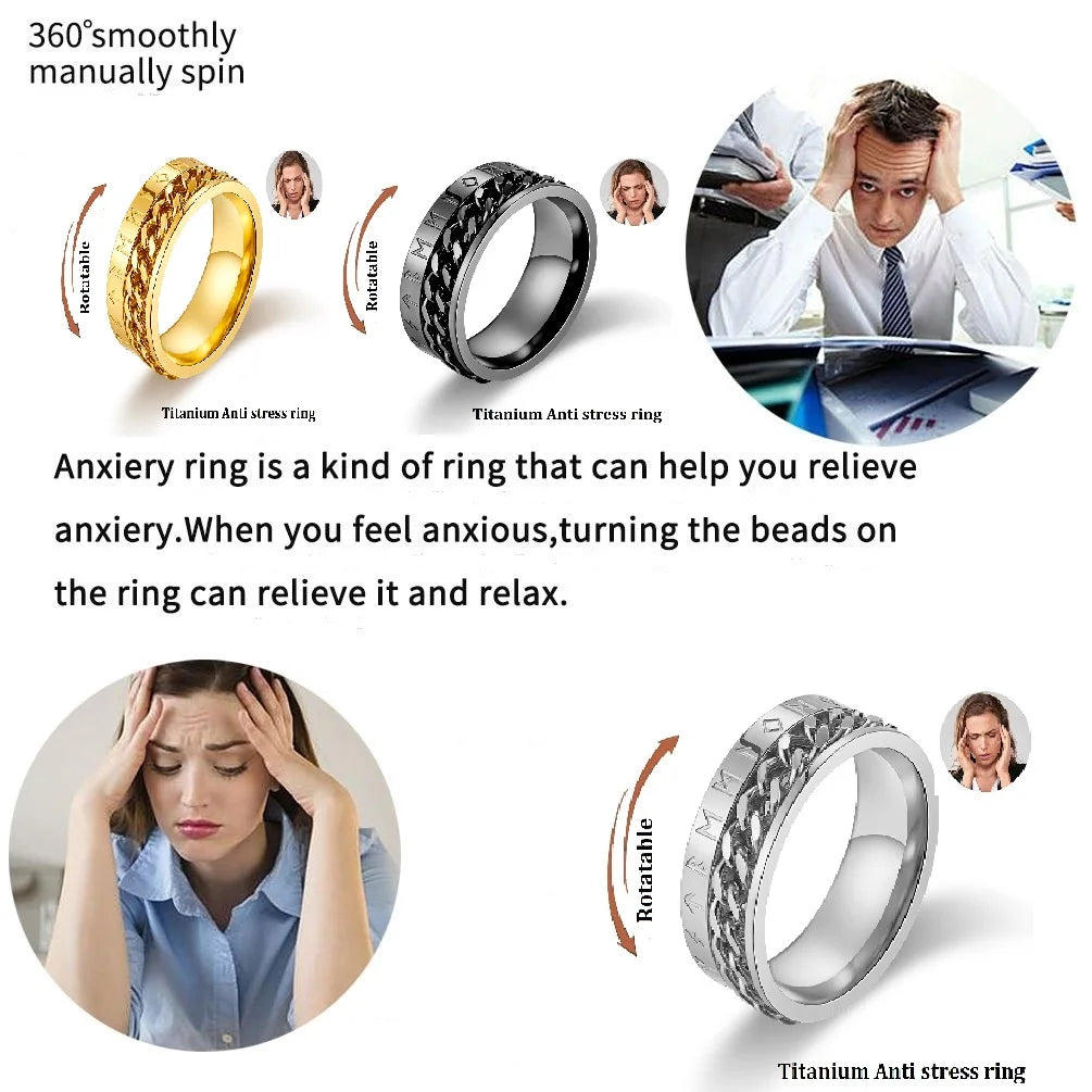 Roman Numerals Stainless Steel Chain Rotating Anxiety Black Rings For Men Fidget Metal Spinner Knuckle Ring Anillos De Hombre