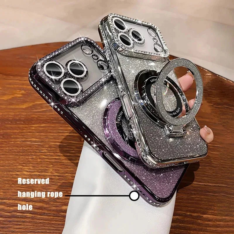 Plating transparent diamond glitter magnetic phone case for iPhone 17 16 13 14 15 Pro Max lens protection bracket back cover