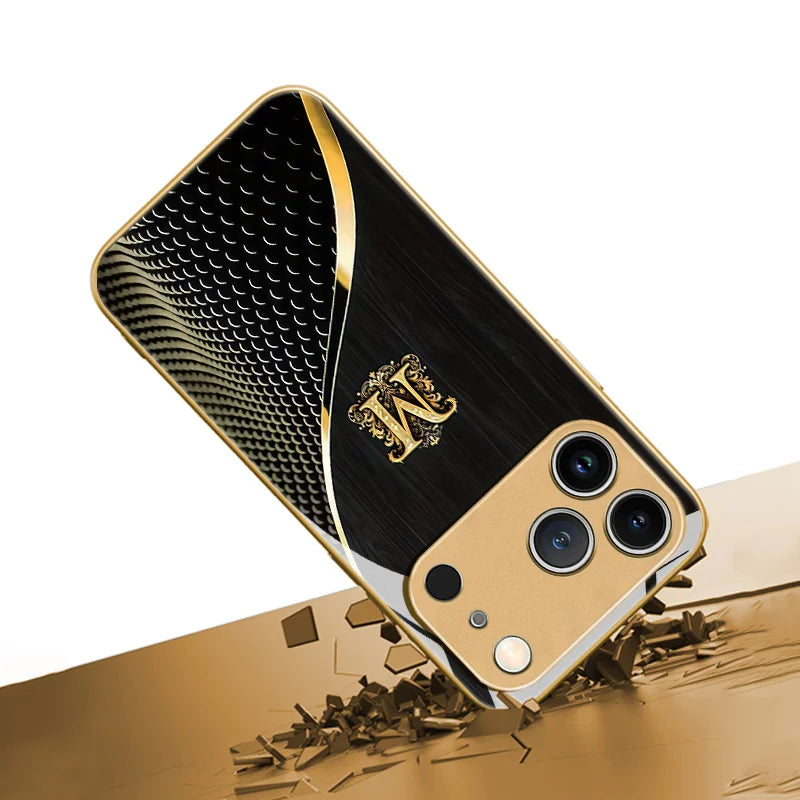 Elegant Gold Initial M Phone Cover fashion phone cases For iphone 17 case Glass Phone Case for iPhone 17、16、15、14、13、pm Pro Plus