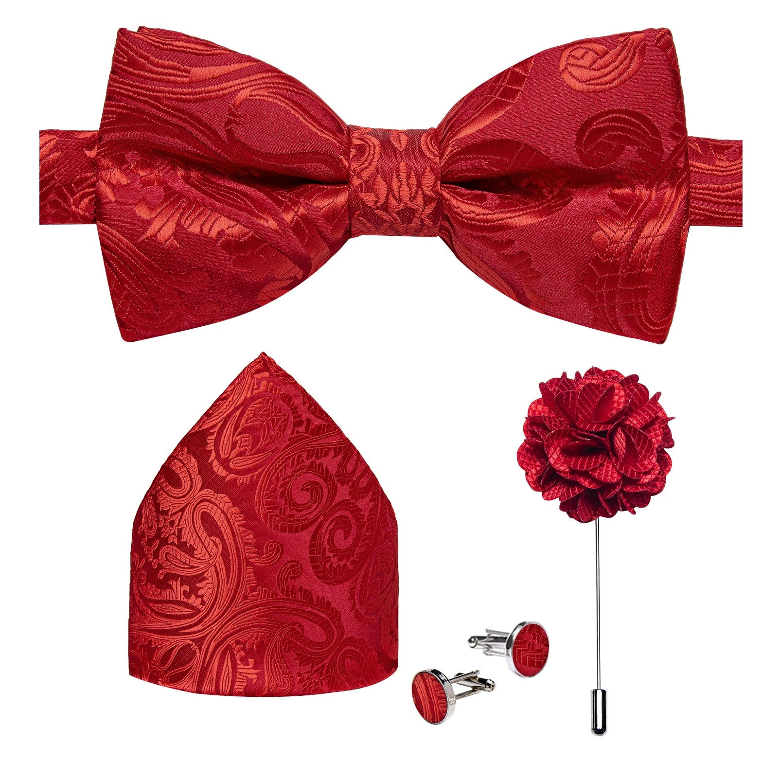 Wedding Bow Tie for Men Classic Red Pre-tied Bowtie Cufflinks Corsage Set for Party Butterfly Knot Gift Man Accessories