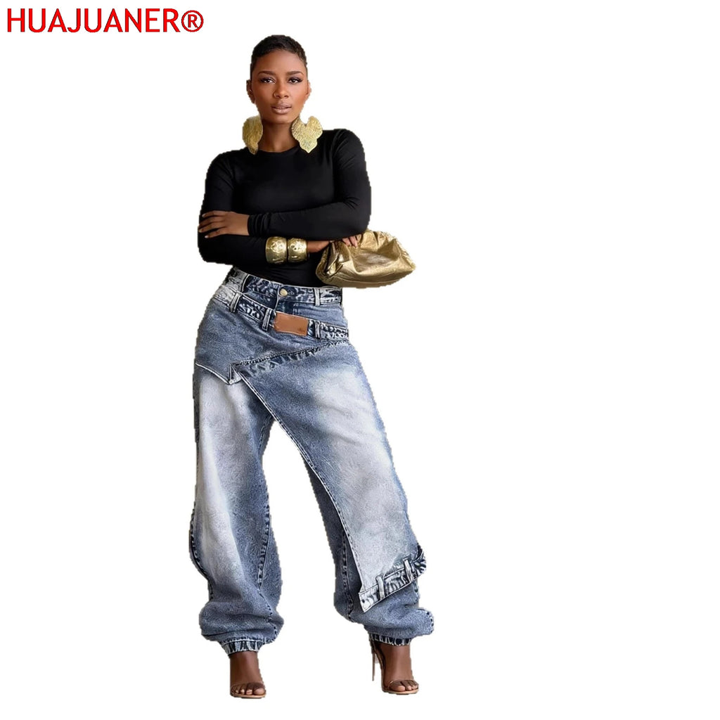 Jeans Women Vintage Wide Leg Pants Denims Washed Streetwear Patchwork Patches Straight Trousers Distressed Floor Length 2026
