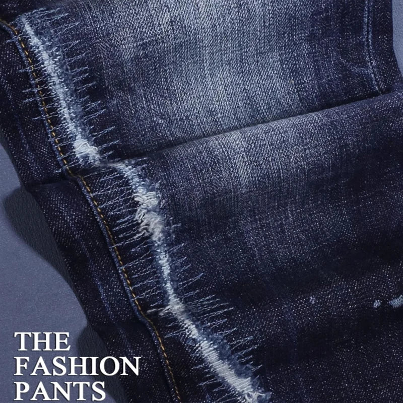 Fashionable men's deep blue jeans with scratches, washed water, nostalgic stretch, slim fit, painted jeans, designer high street