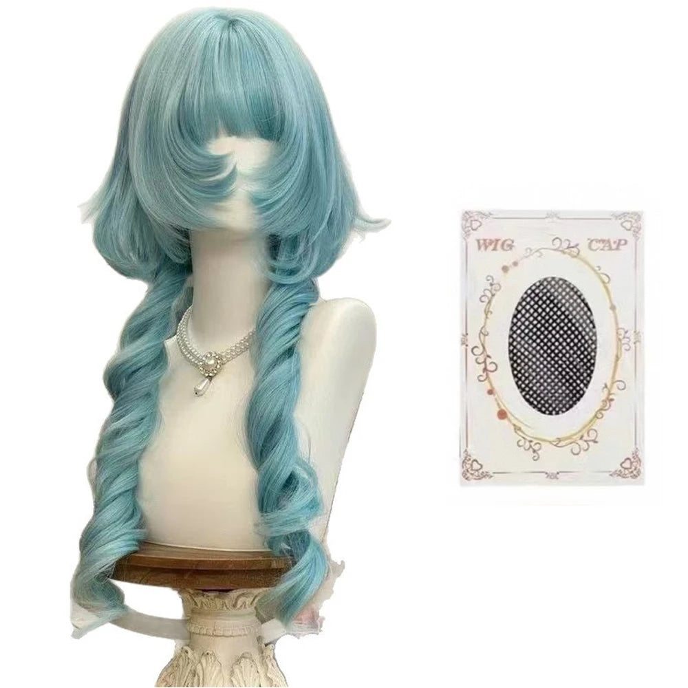 Double Ponytail Long Curly Hair Wig with Bangs Synthetic Hair Cute Lolita Wigs for Women Daily Party Cosplay Wig Heat Resistant