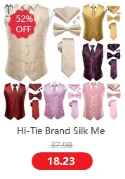 Hi-Tie Adjustable Butterfly Self Bow Tie for mens 100% Silk Floral Paisley Male Classic Wedding Party Golden Red Bow Tie Set