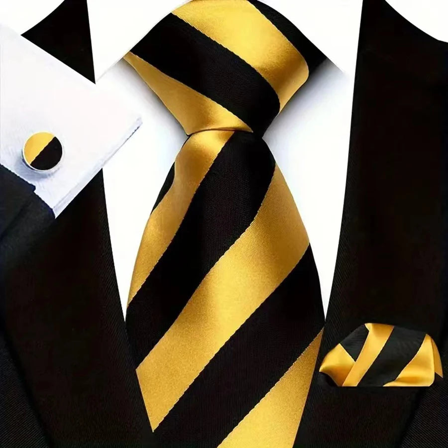 Mens Tie Set Stripes Necktie and Pocket Square Cufflinks Tie Clip Classic Formal Neck Ties for Men Wedding Business Party