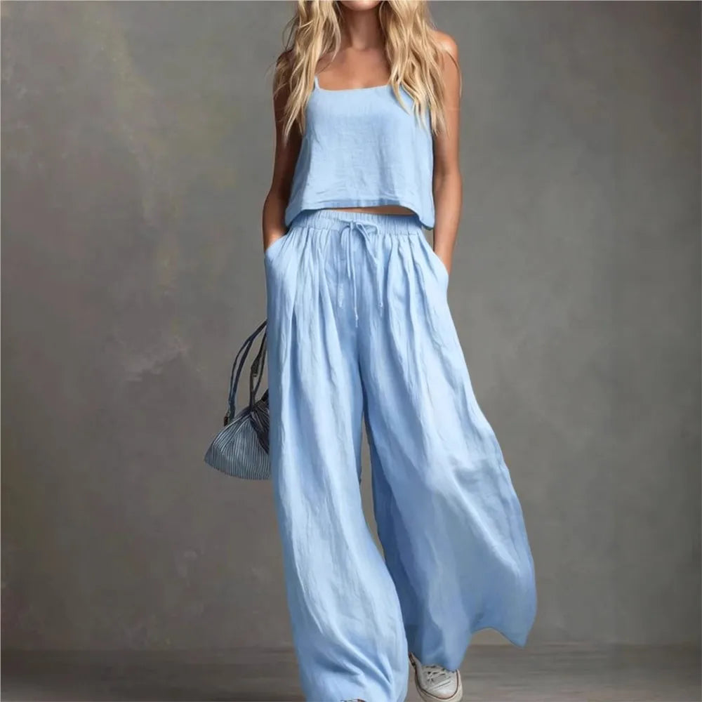 Suspender Top Women + Wide-leg Trousers Women 2piece Set Summer Fashion Elastic Waist Lace-up Pocket Trousers Casual Suit Female