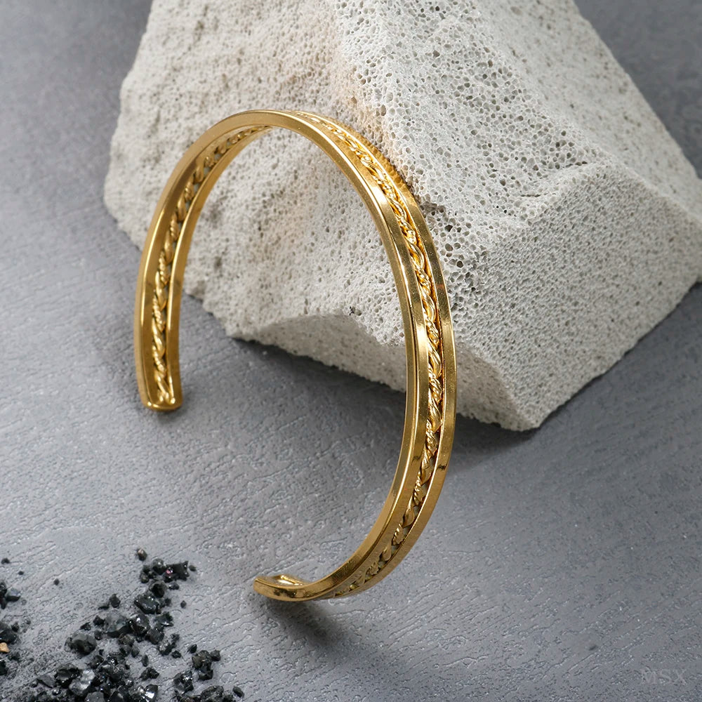 Beads Punk Gold Plated Thick Textured Open Bracelet Bangle for Women Men Trendy Stainless Steel Metal Bracelets