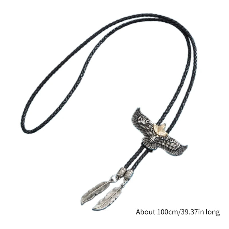 Mens Women Bolo Tie Cowboy Necktie Leather Rope Necklace with Metal Flying Feathered Pendant Jewelry Shirt Chain