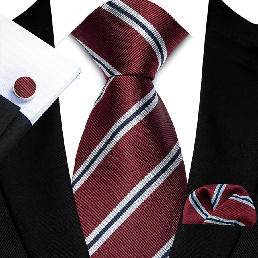 Mens Tie Set Stripes Necktie and Pocket Square Cufflinks Tie Clip Classic Formal Neck Ties for Men Wedding Business Party