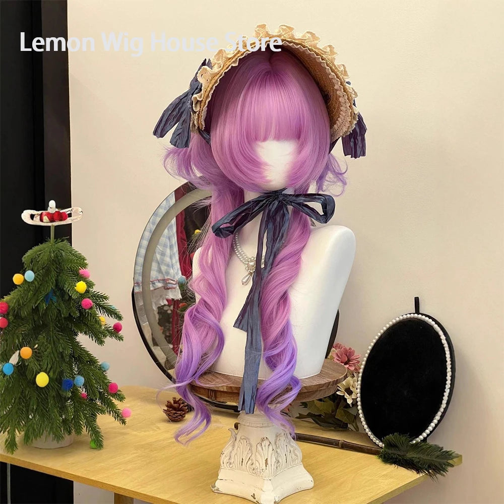 Double Ponytail Long Curly Hair Wig with Bangs Synthetic Hair Cute Lolita Wigs for Women Daily Party Cosplay Wig Heat Resistant