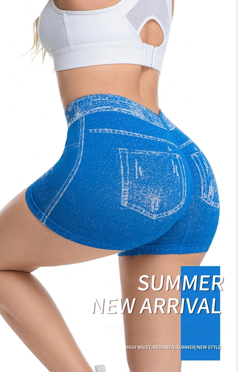 Jeans-like seamless yoga shorts with a V-shaped back, designed to enhance the posterior and provide quick-drying, form-fitting r