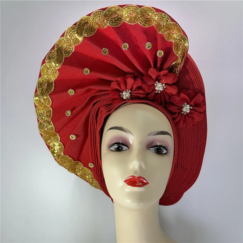 High Quality African Nigeria Gele Elegant Helmet With Stones Headband Turban Head Scarf Head-Hat Auto Gele Brand New Hats 7L5191