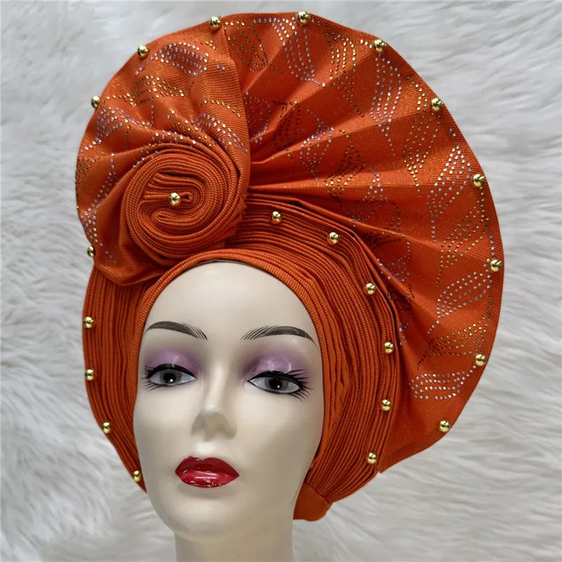 High Quality African Nigeria Gele Elegant Helmet With Stones Headband Turban Head Scarf Head-Hat Auto Gele Brand New Hats 7L1181