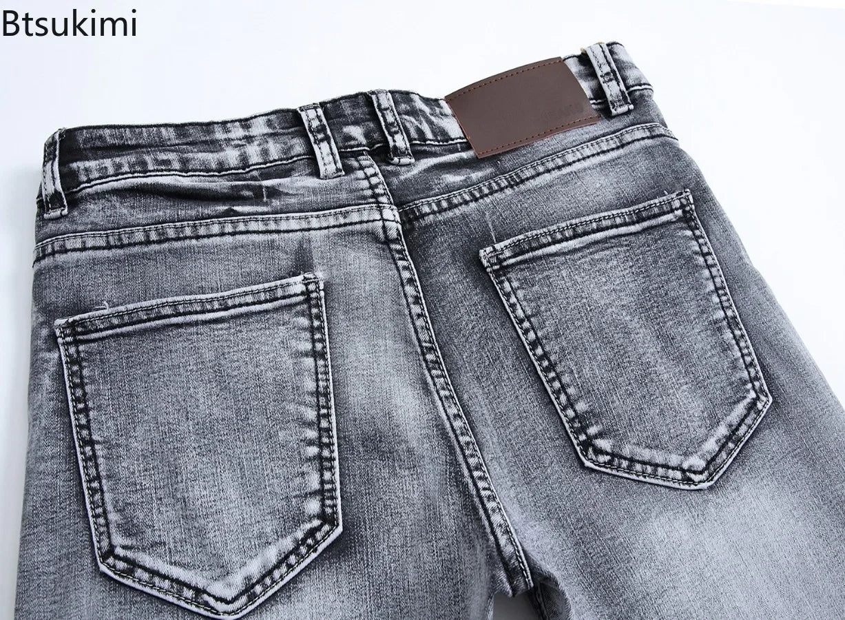 New 2026 Men's Grey Jeans Pants Fashion Casual Slim Fit Small Feet Long Pants Trend Versatile Stretch Denim Trousers for Men