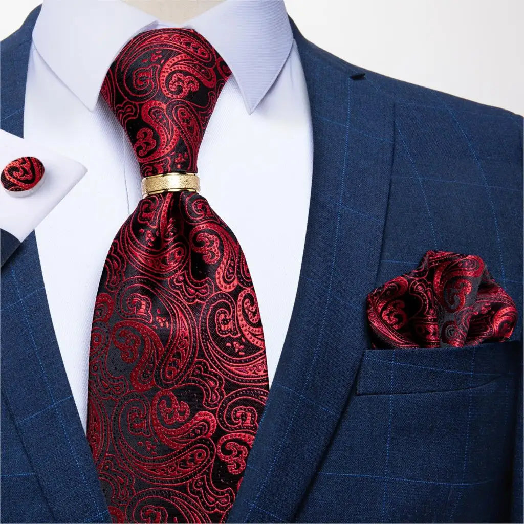 Men's Tie Handkerchief Cuffink Necktie Set Jacquard Woven Silk Blue Wedding Formal Business Party Necktie Ring Set DiBanGu