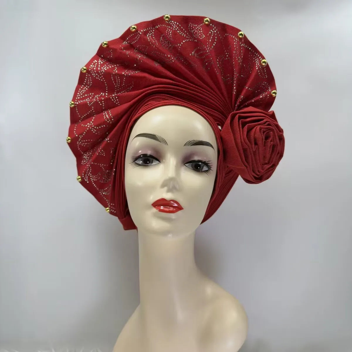 High Quality African Nigeria Gele Elegant Helmet With Stones Headband Turban Head Scarf Head-Hat Auto Gele Brand New Hats 7L631