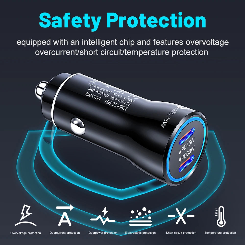 75W USB C Car Charger Dual Ports Type C PD Charger In Car Fast Charge Adapter For iPhone 15 14 Xiaomi Samgsung Car Phone Charger