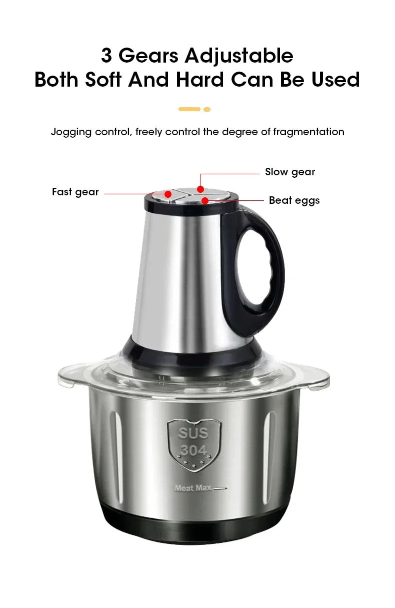 304 Stainless Steel Meat Grinder 3 Gears Adjustment 5L Electric Meat Mincer Mincing Machine Kitchen Chopper Food Processor