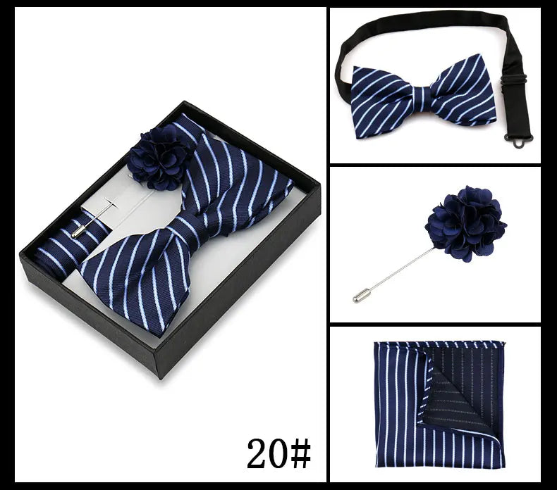 Classic High Quality Bow Tie Set Box Gift For Men Fashion Elegant Bowtie Handchief And Brooch Set Wedding Business Accessories
