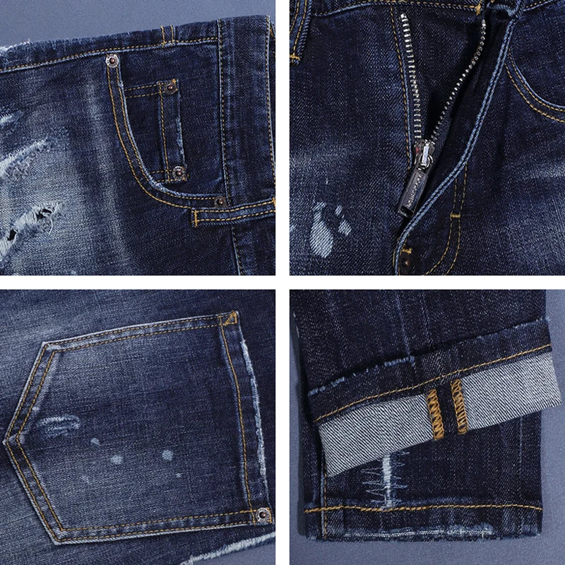 Fashionable men's deep blue jeans with scratches, washed water, nostalgic stretch, slim fit, painted jeans, designer high street