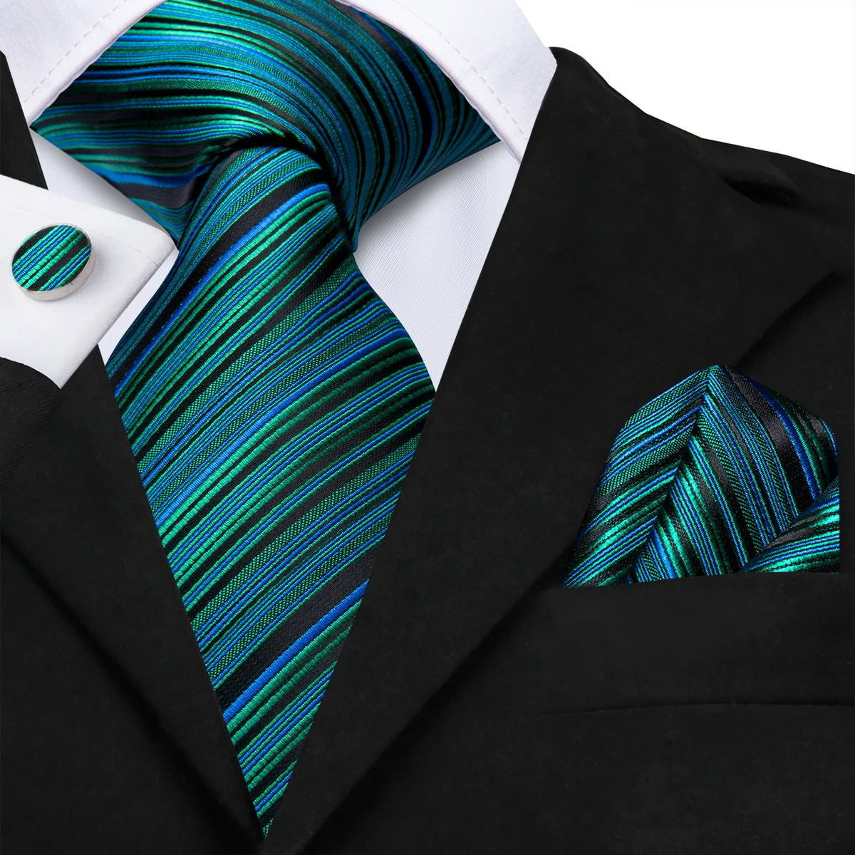 Hi-Tie Burgundy Blue Striped Men Elegant Necktie Handkerchief Cufflinks for Tuxedo Fashion Classic Silk Luxury Tie for Man