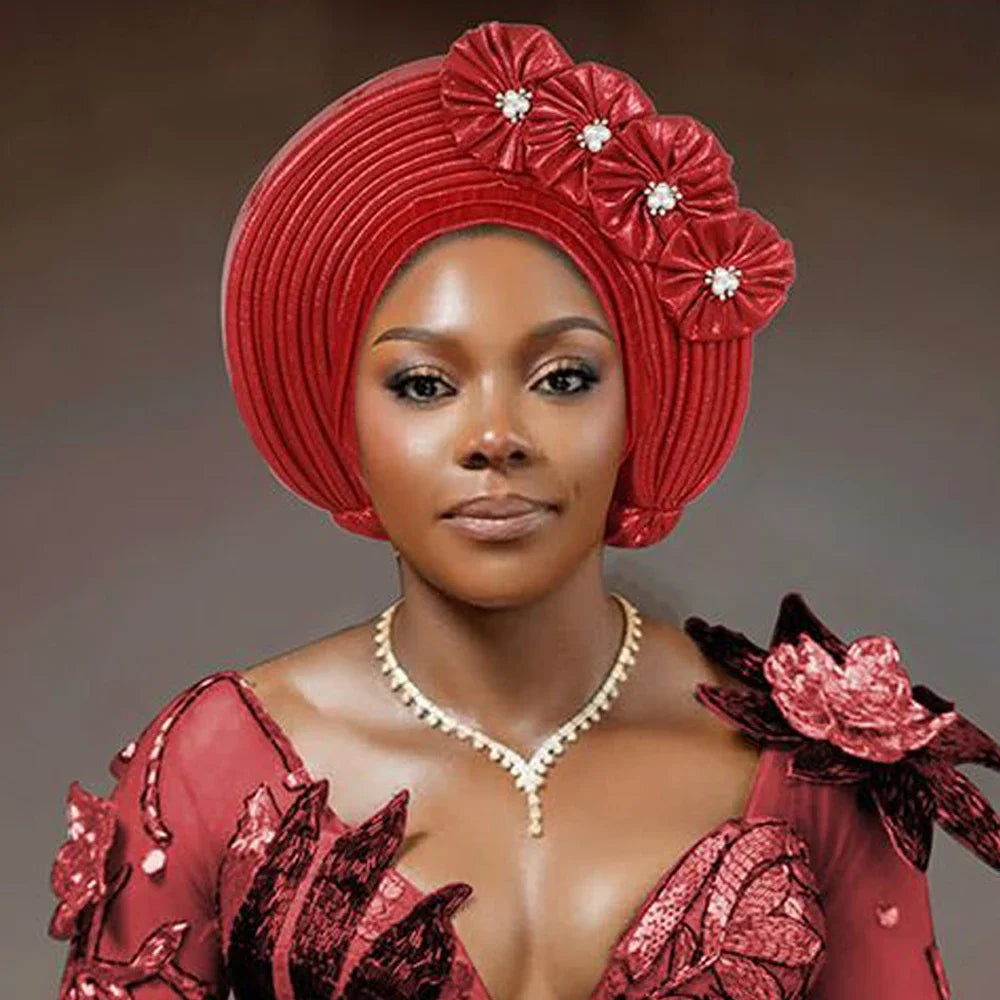 New African Auto Gele Headties Beads Turban Cap Fashion Muslim Women Hijab Hat Bonnet Nigeria Wedding Headgear Party Headpiece