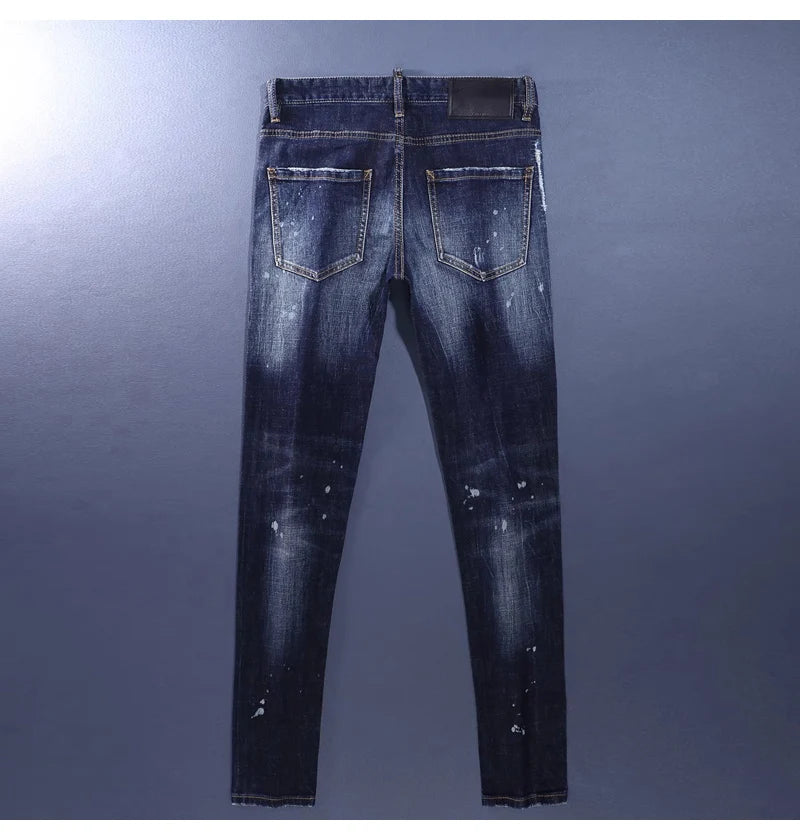 Fashionable men's deep blue jeans with scratches, washed water, nostalgic stretch, slim fit, painted jeans, designer high street