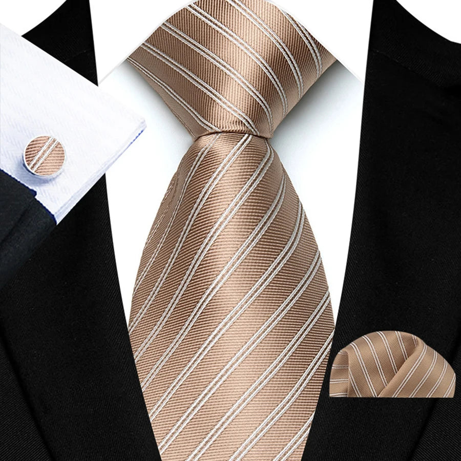 Mens Tie Set Stripes Necktie and Pocket Square Cufflinks Tie Clip Classic Formal Neck Ties for Men Wedding Business Party