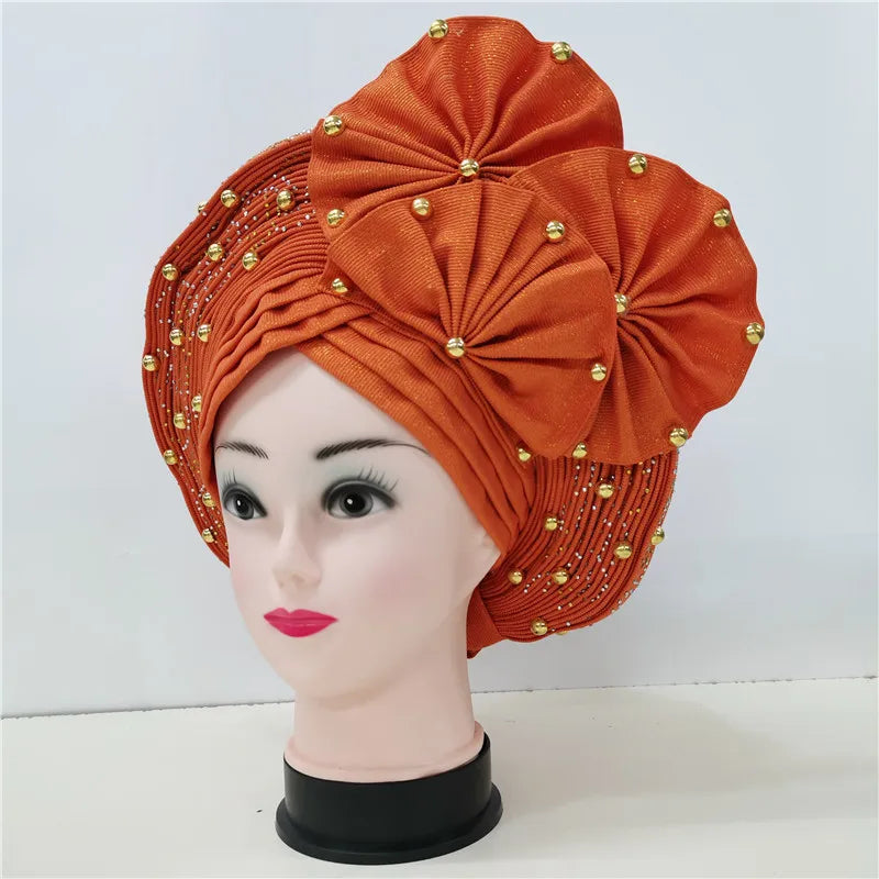 High Quality African Nigeria Gele Elegant Helmet With Stones Headband Turban Head Scarf Head-Hat Auto Gele Brand New Hats 7L1181