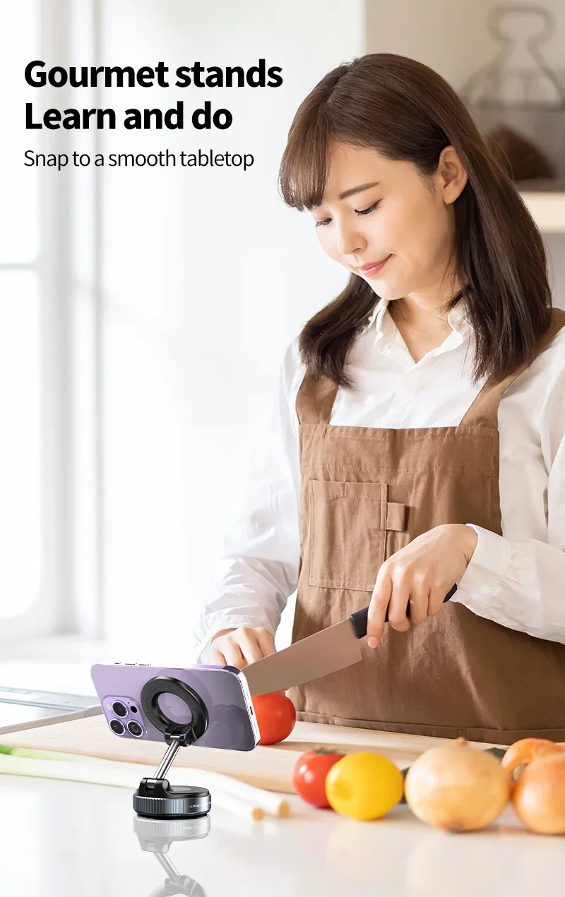 Rotating Folding Magnetic Phone Holder Vacuum Suction Mag Stand for Car Navigation Gym Kitchen - Universal GPS Streaming Bracket