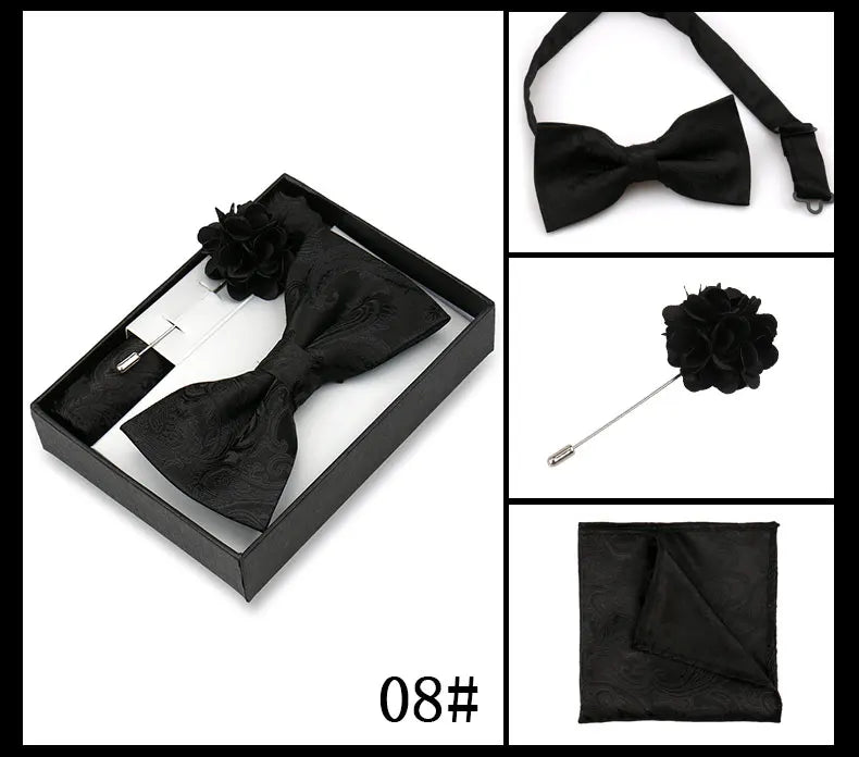 Classic High Quality Bow Tie Set Box Gift For Men Fashion Elegant Bowtie Handchief And Brooch Set Wedding Business Accessories