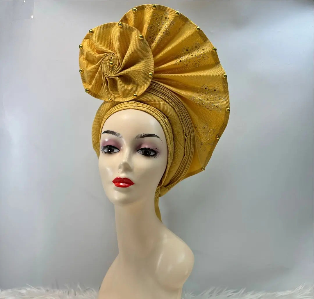 High Quality African Nigeria Gele Elegant Helmet With Stones Headband Turban Head Scarf Head-Hat Auto Gele Brand New Hats 7L631