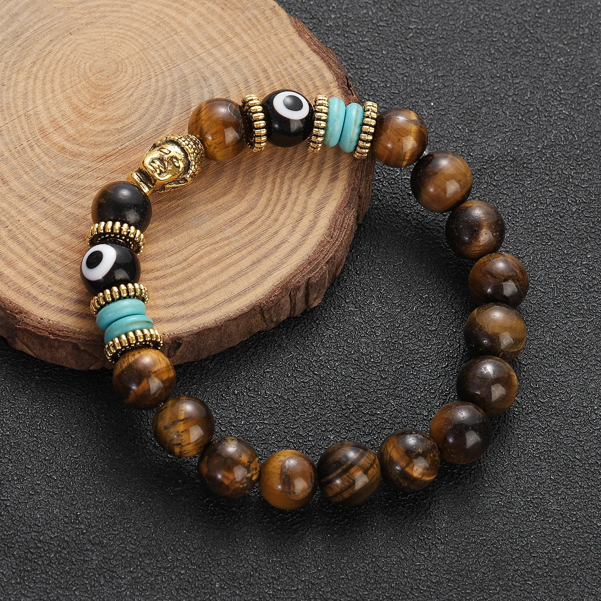 Classic Buddha&Evil Eye Bracelet Women Men 10mm Round Turquoises Blue Stone Bangles Handmade Elastic Yoga Bracelet