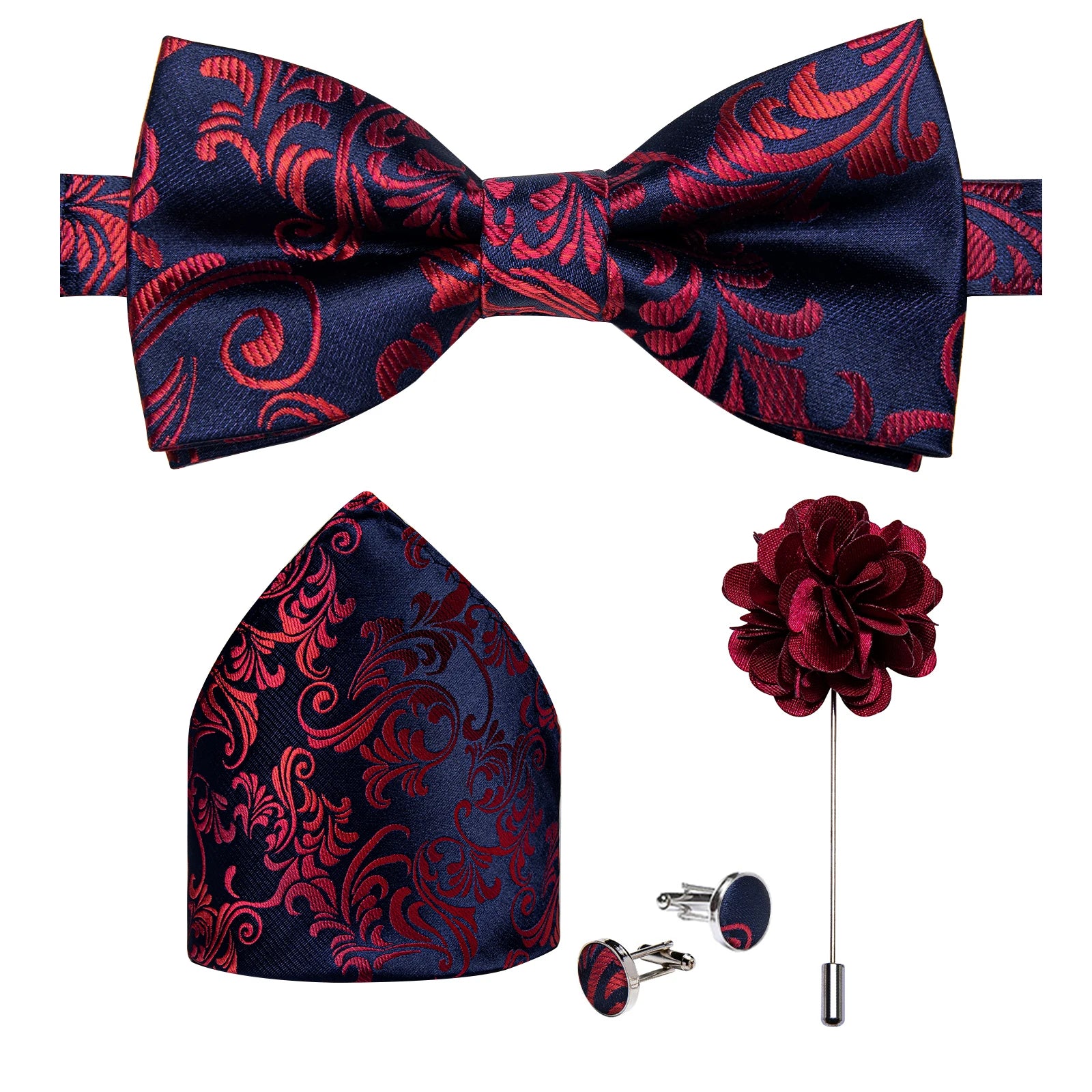 Wedding Bow Tie for Men Classic Red Pre-tied Bowtie Cufflinks Corsage Set for Party Butterfly Knot Gift Man Accessories