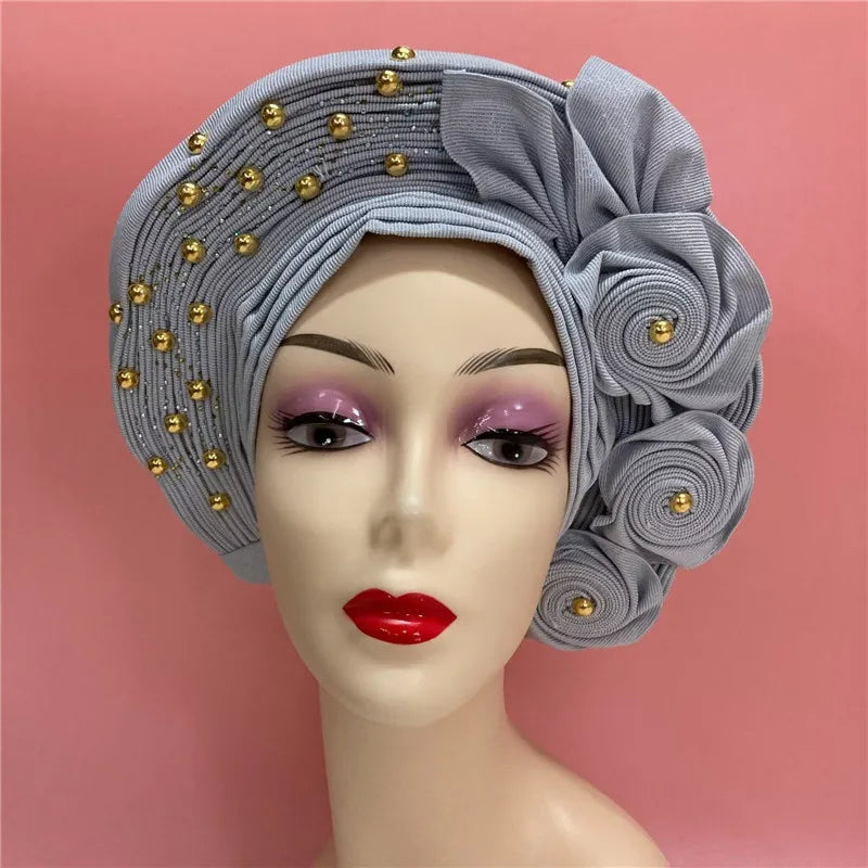 High Quality African Nigeria Gele Elegant Helmet With Stones Headband Turban Head Scarf Head-Hat Auto Gele Brand New Hats 7L5191